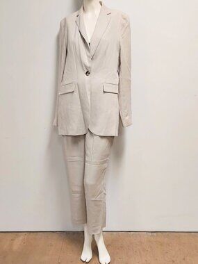 ZARA Ecru / Ivory Linen-Look Pleated Pants & Single-Breasted Blazer Suit Size: S